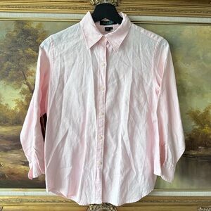 Lauren Ralph Lauren Pink Linen Button Down Shirt Petite M 3/4 Sleeve Classic
